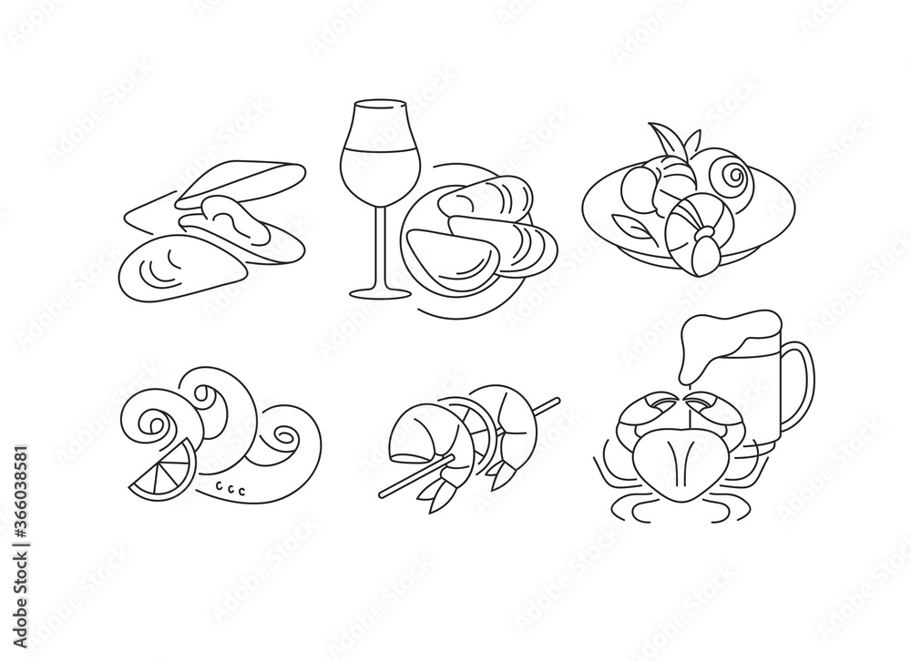 Φωτογραφία Vector set template icons for seafood products- octopus, srimps, mussels, snails, crabs, oysters