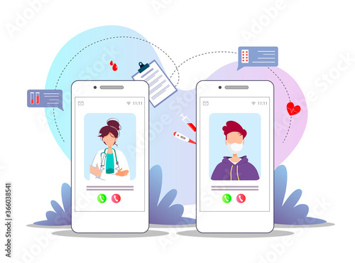 Phones with doctor and patient on the screens. Medical consultation, Online doctor, Tele medicine, Medicine clinic and health care concept. Isolated vector illustration for poster, banner, flyer.