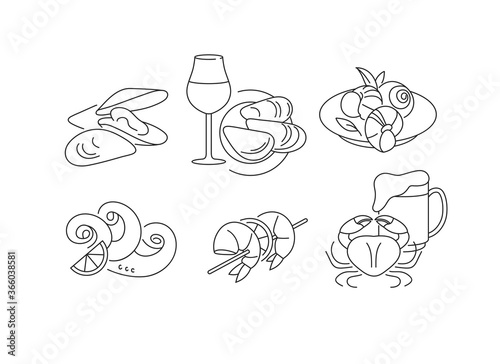 Vector set template icons for seafood products- octopus, srimps, mussels, snails, crabs, oysters. Line emblems. photo