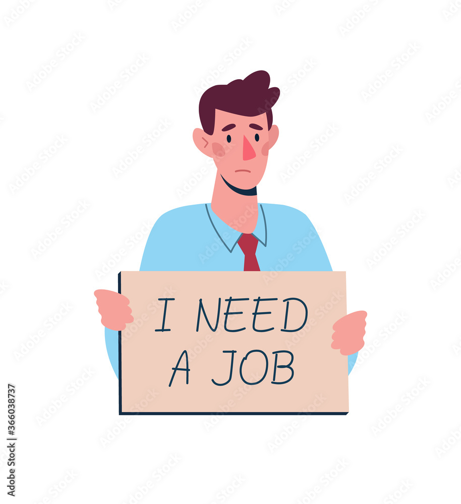 Dismissed man looking for work. Job loss, unemployment because of the  economic downturn, robotization, crisis. Worker with a tablet in hands I  need work. Vector flat, .cartoon character. Stock Vector | Adobe