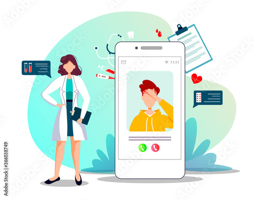 Doctor and phone with patient on the screen. Medical consultation, Online doctor, Tele medicine, Medicine clinic and health care concept. Isolated vector illustration for poster, banner, flyer, presen