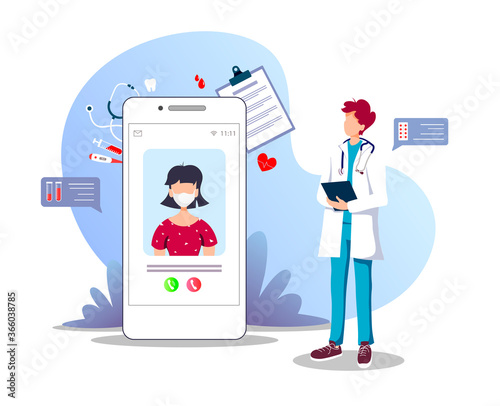Doctor and phone with patient on the screen. Medical consultation, Online doctor, Tele medicine, Medicine clinic and health care concept. Isolated vector illustration for poster, banner, flyer, presen