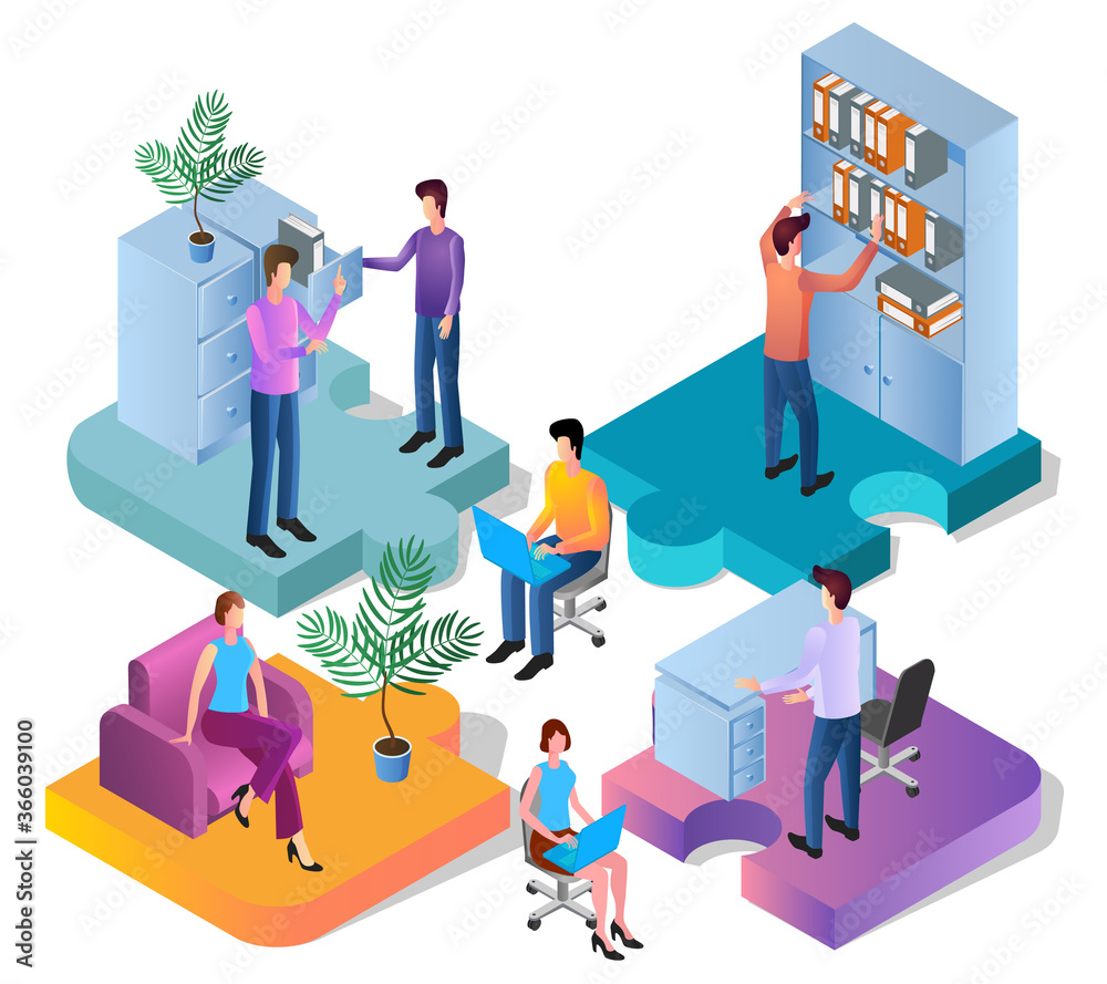 Office work.Coworking space.Young people men and women working in the office.The concept of collaboration.Teamwork.Isometric vector illustration.