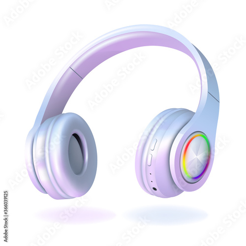 White and pearl headphones isolated on white background, realistic vector illustration.