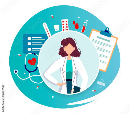 Doctor and medical items. Medical consultation, Online doctor, Medicine clinic, Hospital and health care concept. Isolated vector illustration for poster, banner, commercial.