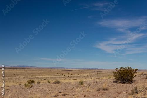 View across a vast desert plain in New Mexico USA, mountain ridge and blue sky, horizontal aspect