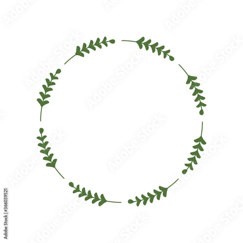 Circle of green leaves. Round frame of green twigs. Design template for logo, invitation, greetings. Laconic stylish wreath. Minimalist border. Deciduous wreath. Vector illustration, stick, leaf