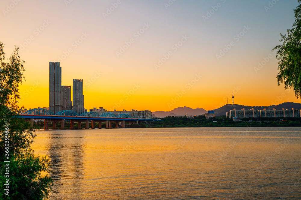 Sunset of Dongjak Bridge and Seoul city with Han River from Banpo Hangang Park in Seoul, Korea
