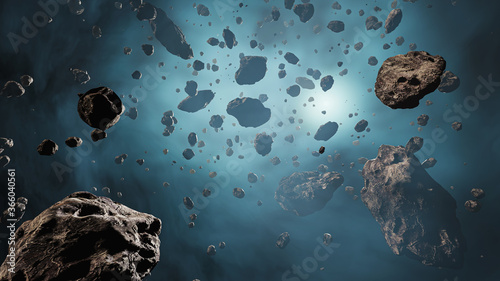 Asteroid field in a foggy atmosphere landscape. Outer space scenery or spacescape 3D rendering illustration.