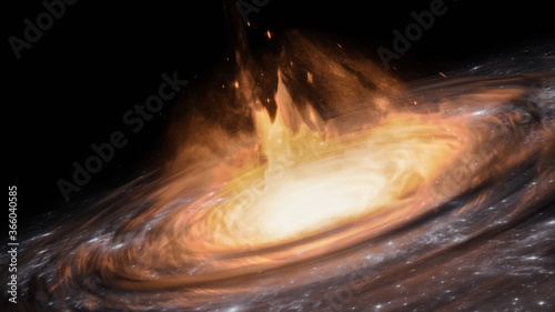 Quasar or black hole with accretion disk and gas clouds 3D rendering illustration. Outer space or spacescape concept. Artistic vision. photo