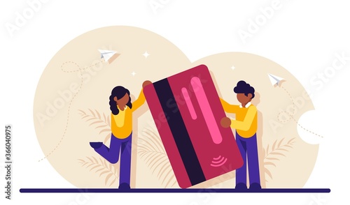 Concept of service for secure electronic or wireless payment. Man and woman holding plastic debit or credit card. Digital transaction, money transfer. Modern flat illustration.