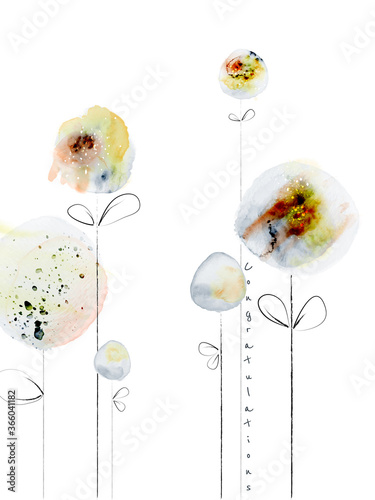 Abstract modern design with flowers splatter watercolor and doodle