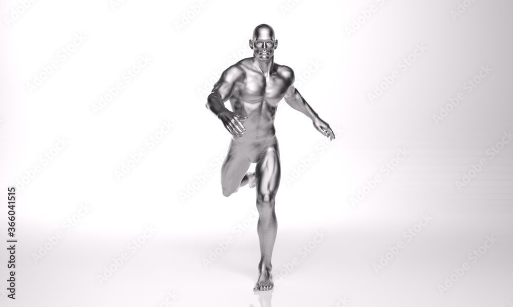 3D Rendering : a running male character with silver texture on the body 3D Rendering : a running male character with silver texture on the body