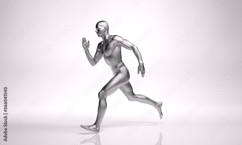 3D Rendering : a running male character with silver texture on the body 3D Rendering : a running male character with silver texture on the body