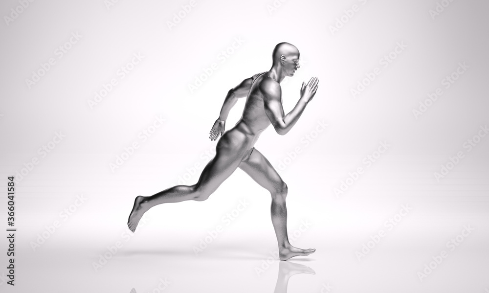 3D Rendering : a running male character with silver texture on the body 3D Rendering : a running male character with silver texture on the body