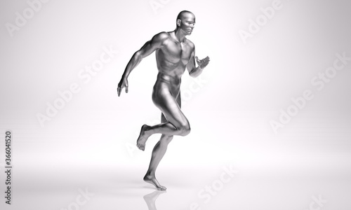 3D Rendering   a running male character with silver texture on the body