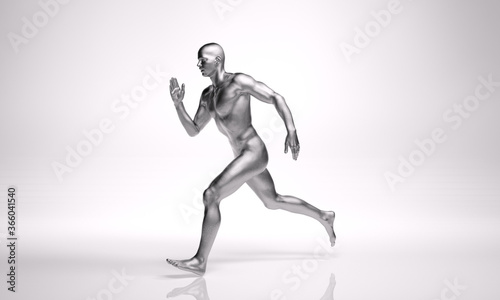 3D Rendering   a running male character with silver texture on the body