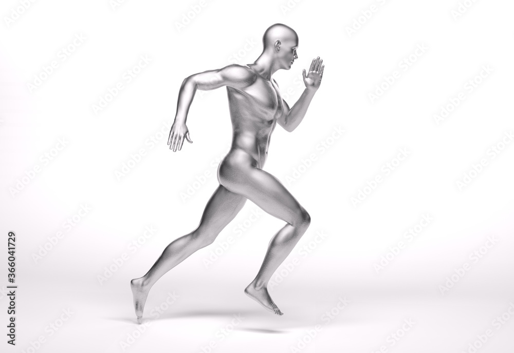 3D Rendering : a running male character with silver texture on the body 3D Rendering : a running male character with silver texture on the body