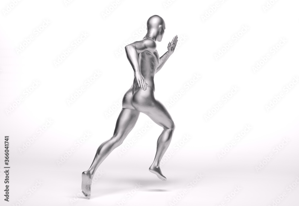 3D Rendering : a running male character with silver texture on the body 3D Rendering : a running male character with silver texture on the body