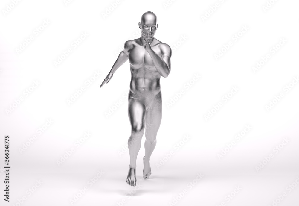 3D Rendering : a running male character with silver texture on the body 3D Rendering : a running male character with silver texture on the body