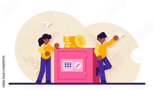 Concept of secure money storage. Businessman and woman leaning on safe box with electronic lock. Safety of bank account, deposit protection, banking services. Modern flat illustration.