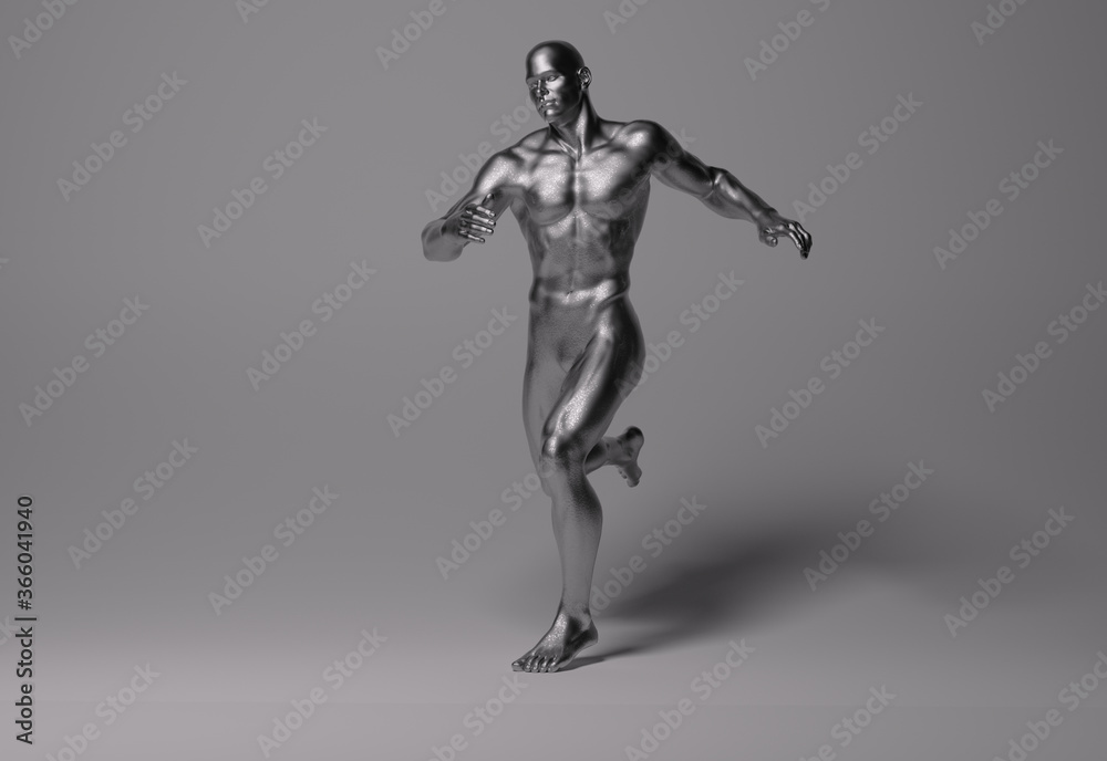 3D Rendering : a running male character with silver texture on the body