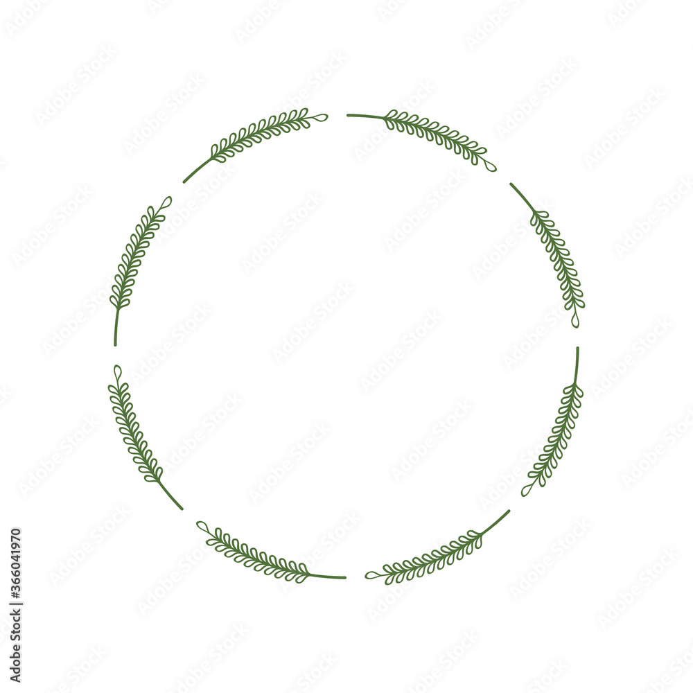Round frame of green twigs with leaves. Design template for logo, tag. Laconic stylish wreath. Minimalist border. Ornament for jewelry accessories, postcard design, scrapbooking. Vector illustration Round frame of green twigs with leaves. Design template for logo, tag. Laconic stylish wreath. Minimalist border. Ornament for jewelry accessories, postcard design, scrapbooking. Vector illustration