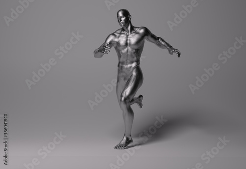 3D Rendering   a running male character with silver texture on the body