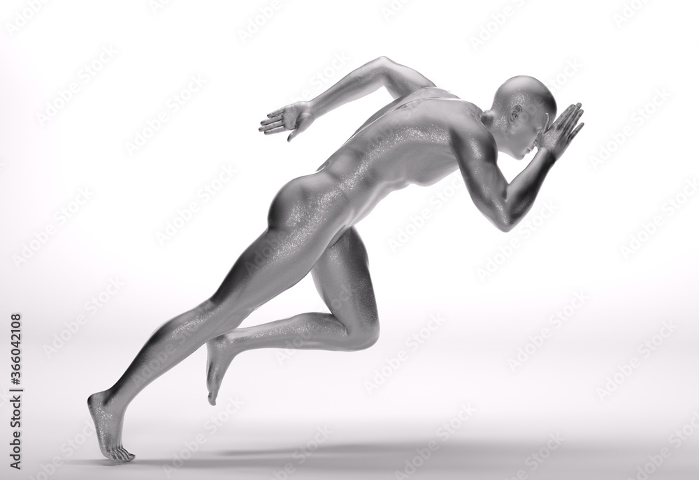 3D Rendering : a running male character with silver texture on the body 3D Rendering : a running male character with silver texture on the body