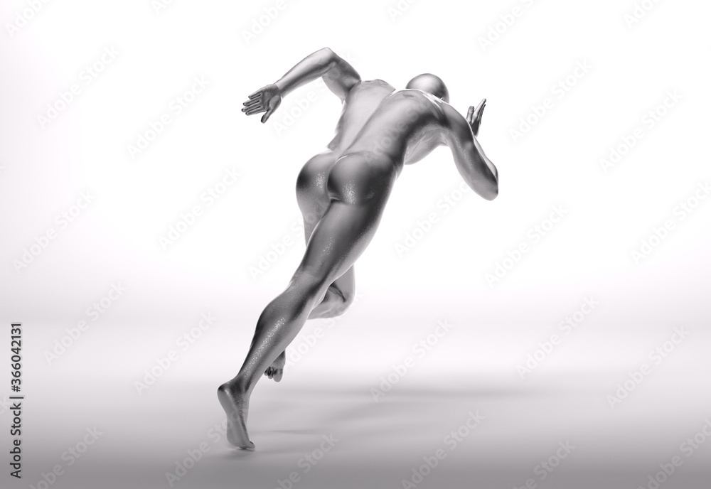 3D Rendering : a running male character with silver texture on the body 3D Rendering : a running male character with silver texture on the body