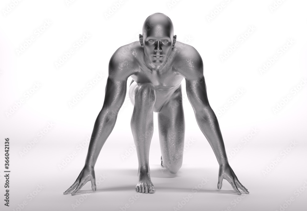 3D Rendering : a running male character with silver texture on the body 3D Rendering : a running male character with silver texture on the body