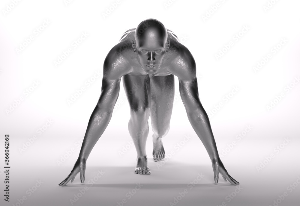 3D Rendering : a running male character with silver texture on the body 3D Rendering : a running male character with silver texture on the body