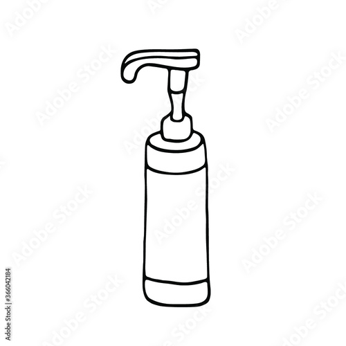 Hand drawn doodle White cosmetic bottle logo, sign,icon.Black stroke,simple line.Vector illustration isolated on white background. Bottle with liquid soap and dispenser. Jar for lotion, balm or cream.