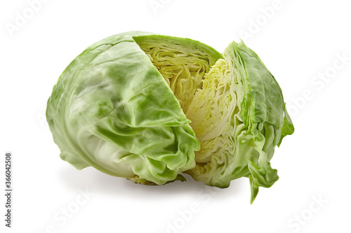 Fresh harvested, pale green cabbage and one cut off section. Isolated on white background. Smooth-leafed vegetable. Close up, copy space