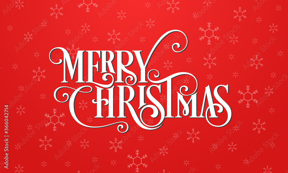 Merry Christmas beautiful lettering design with snowflakes isolated on red background.