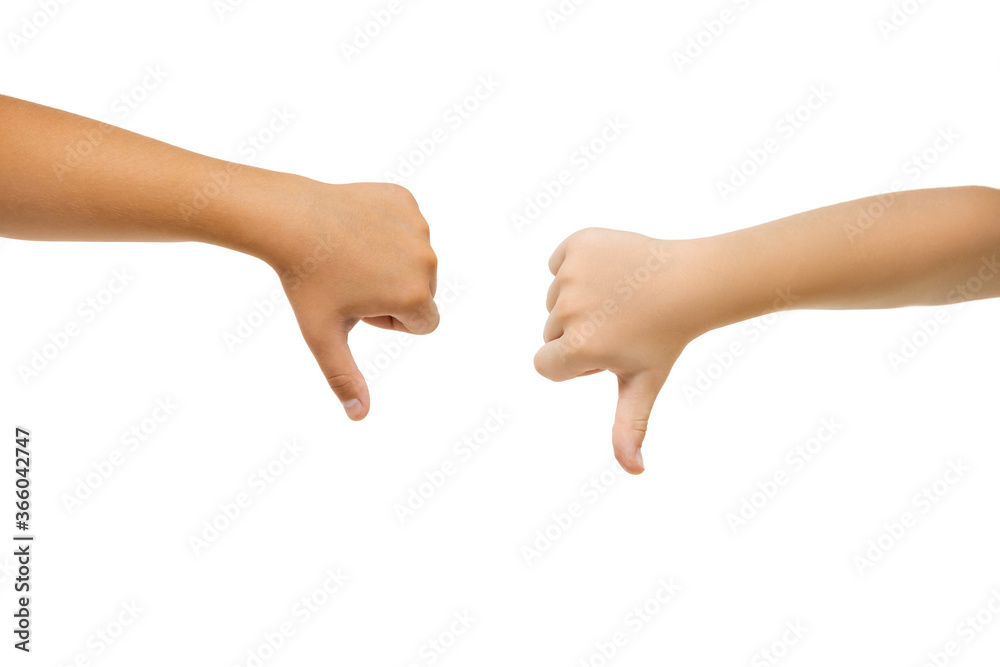 Thumbs down. Children's hand, palm gesturing isolated on white studio background with copyspace for your advertising. Little girl's hand with signs. Childhood, education, sales, ad, expression concept Thumbs down. Children's hand, palm gesturing isolated on white studio background with copyspace for your advertising. Little girl's hand with signs. Childhood, education, sales, ad, expression concept