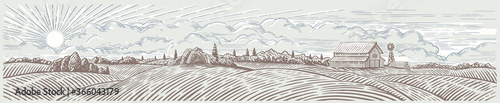 Rural landscape panoramic format with a farm. Hand drawn Illustration in engraving style.	