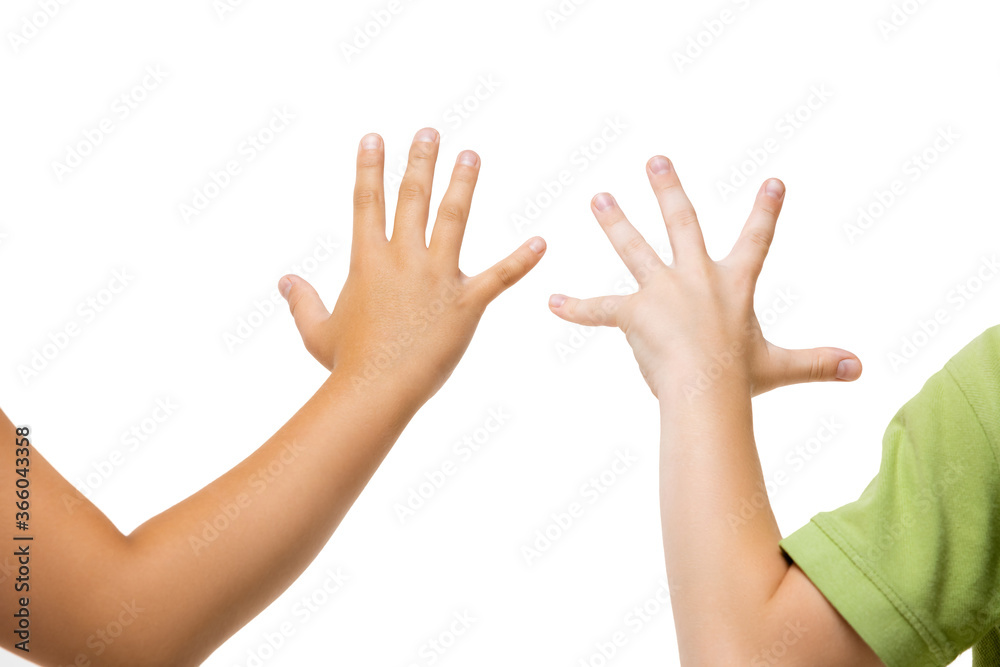 Touching. Children's hand, palm gesturing isolated on white studio background with copyspace for your advertising. Little girl's hand with signs. Childhood, education, sales, ad, expression concept. Touching. Children's hand, palm gesturing isolated on white studio background with copyspace for your advertising. Little girl's hand with signs. Childhood, education, sales, ad, expression concept.