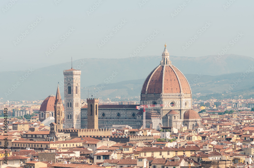 Santa Maria del Fiore cathedral seen from above over Florence Tuscany Italy in a sunny morning