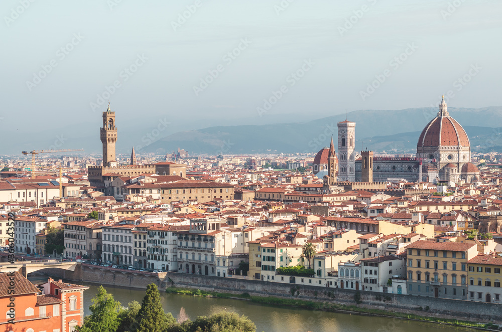 View of Florence Tuscany Italy from Piazzale Michelangelo above the city in a sunny day