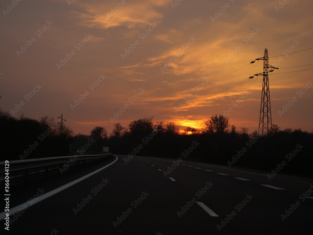 A sunset on the road in the east of France.