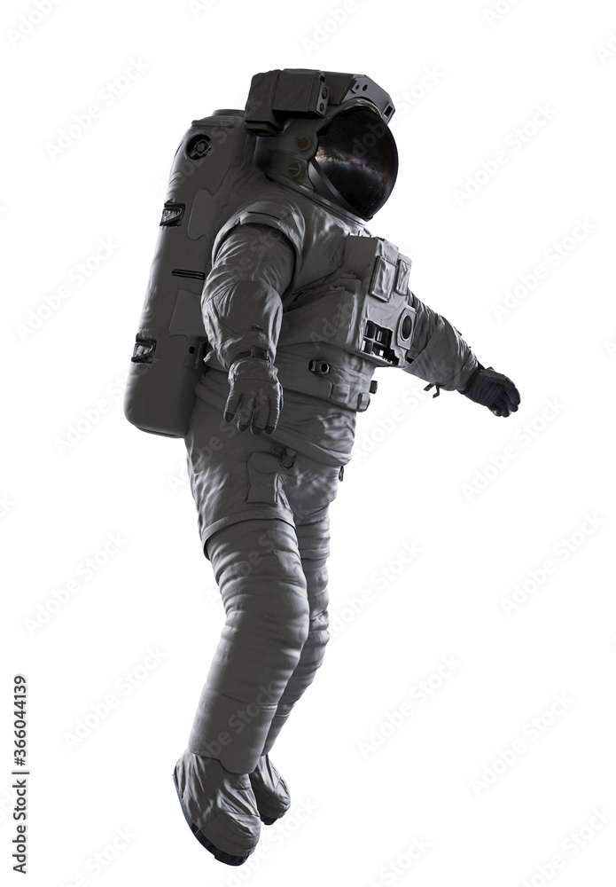 astronaut flying in outer space, isolated on white background