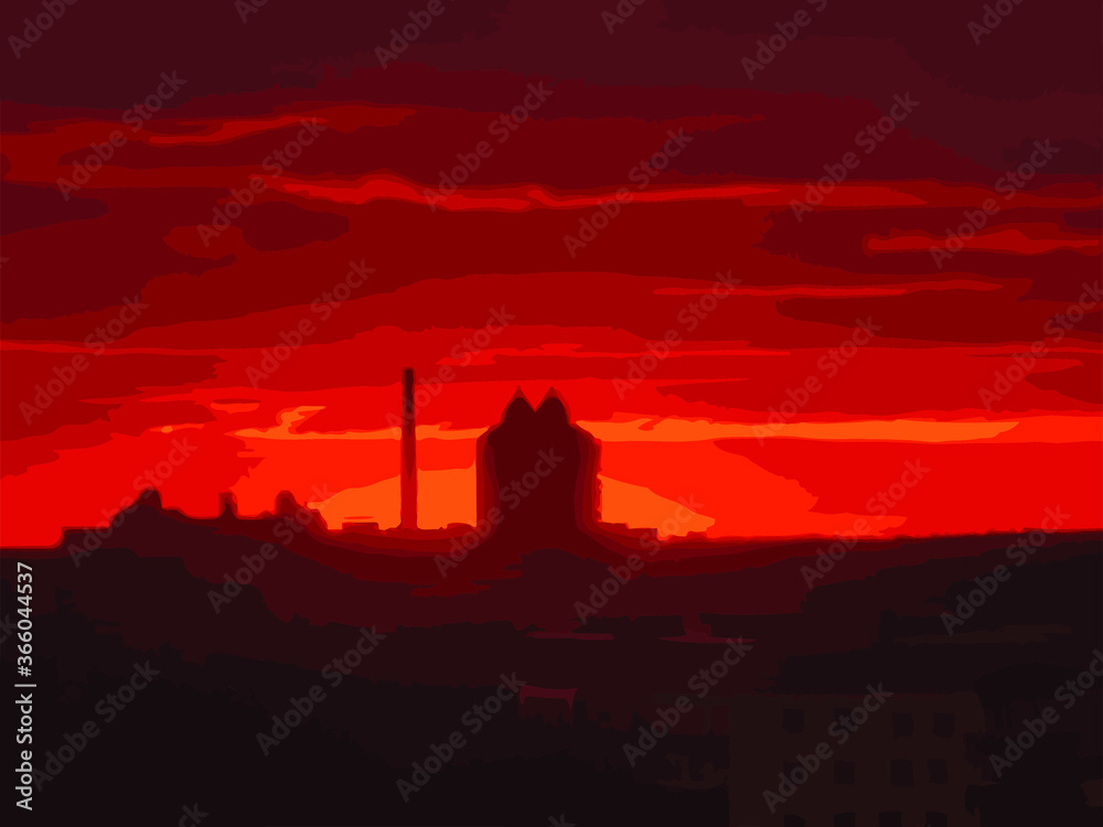 Beautiful bright sunset. Big red sun on the background of the city. Vector illustration.
