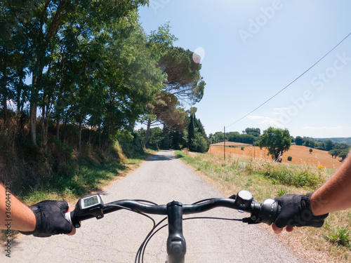 Pov e bike view camera in the countryside - Cycle tourism concept