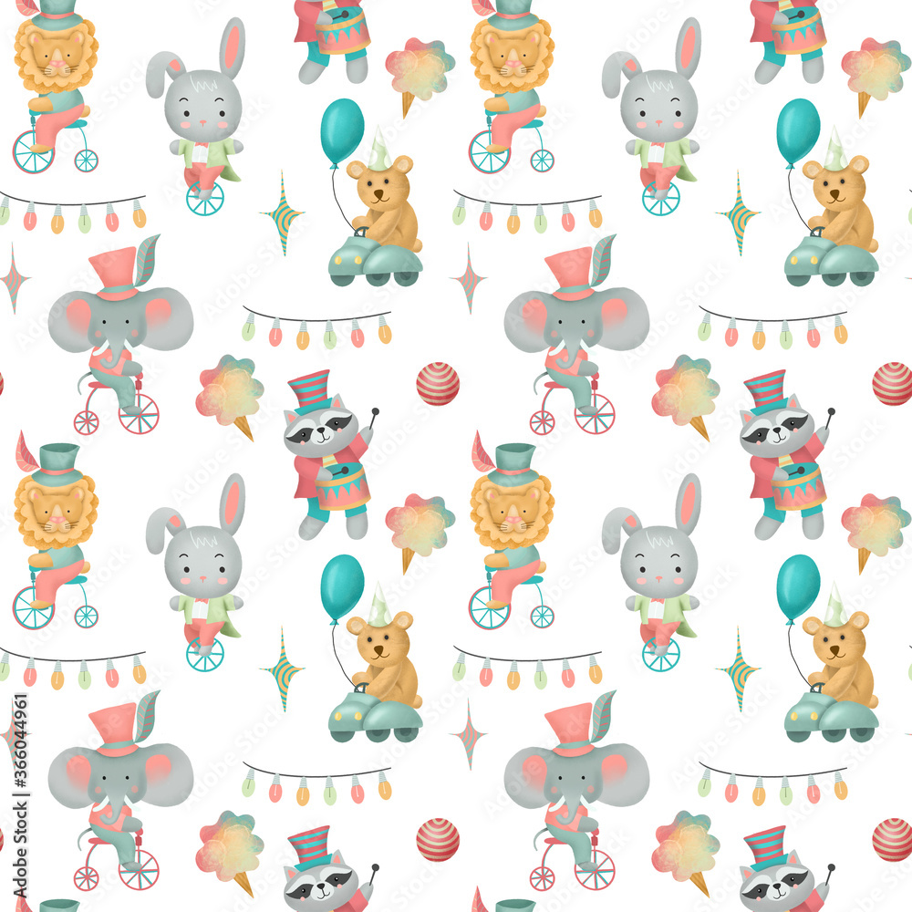 Seamless pattern of hand drawn circus animals (elephant, raccoon, rabbit, lion, bear), illustration on white background Seamless pattern of hand drawn circus animals (elephant, raccoon, rabbit, lion, bear), illustration on white background