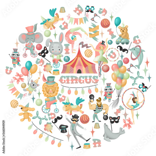 Round composition of hand drawn circus actors, animals and elements of circus or amusement park, isolated illustration on white background