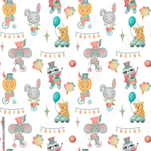 Seamless pattern of hand drawn circus animals (elephant, raccoon, rabbit, lion, bear), illustration on white background