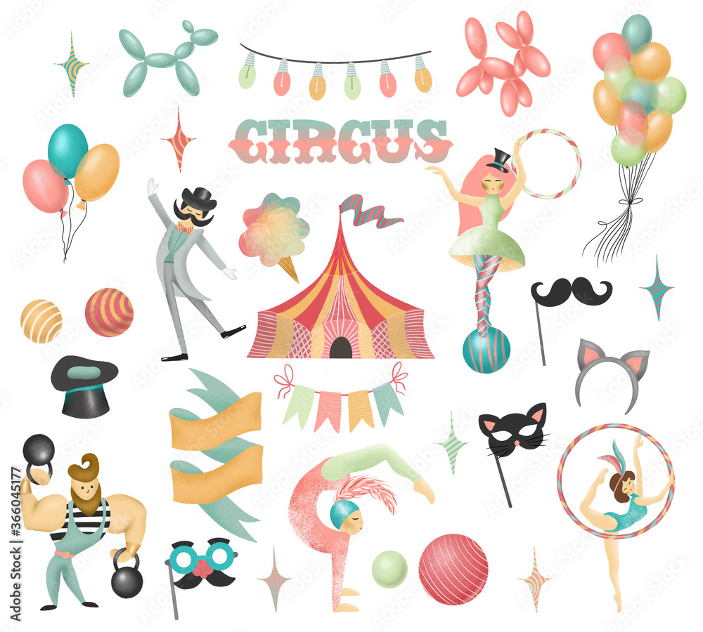 Collection of hand drawn circus actors and elements of circus or amusement park, isolated illustration on white background