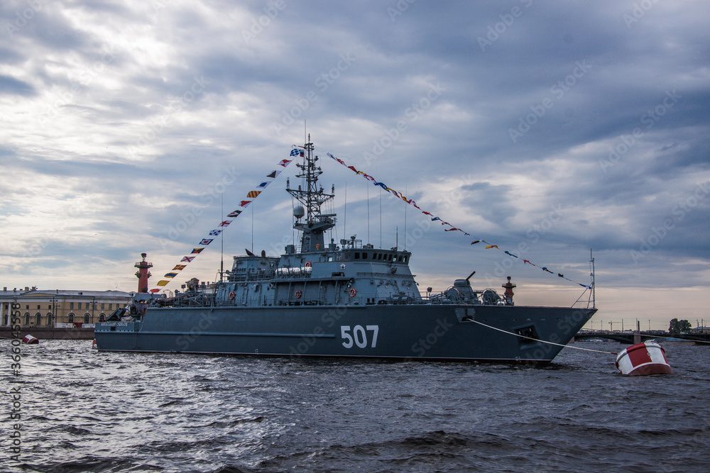 close-up military warship in the water area of the neva close-up military warship in the water area of the neva