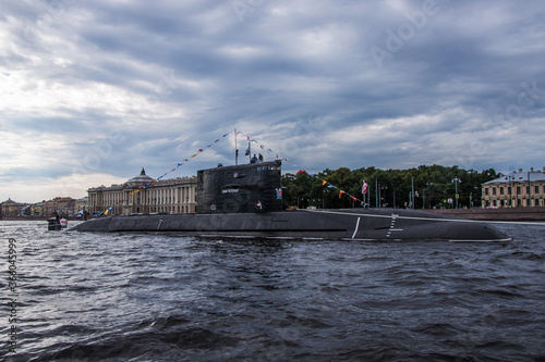 close-up military warship in the water area of the neva